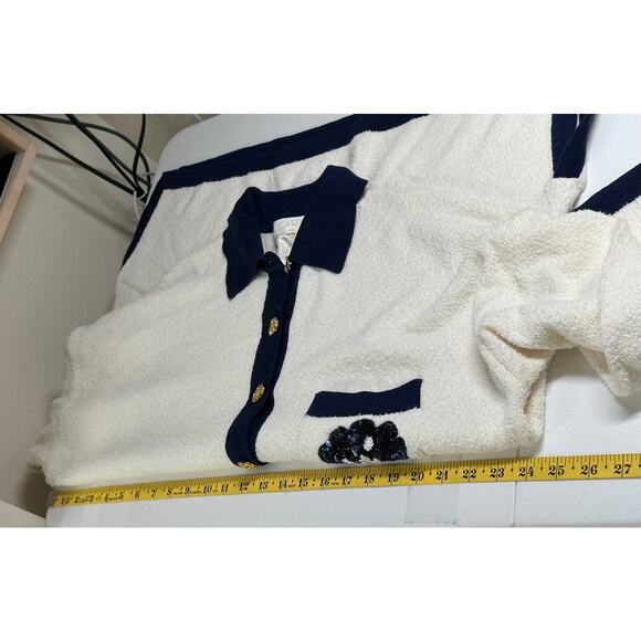 Vintage Escada Set Womens Sweater 42 Skirt 40 Cream Navy Bouclé Sequins Knit - Picture 12 of 16